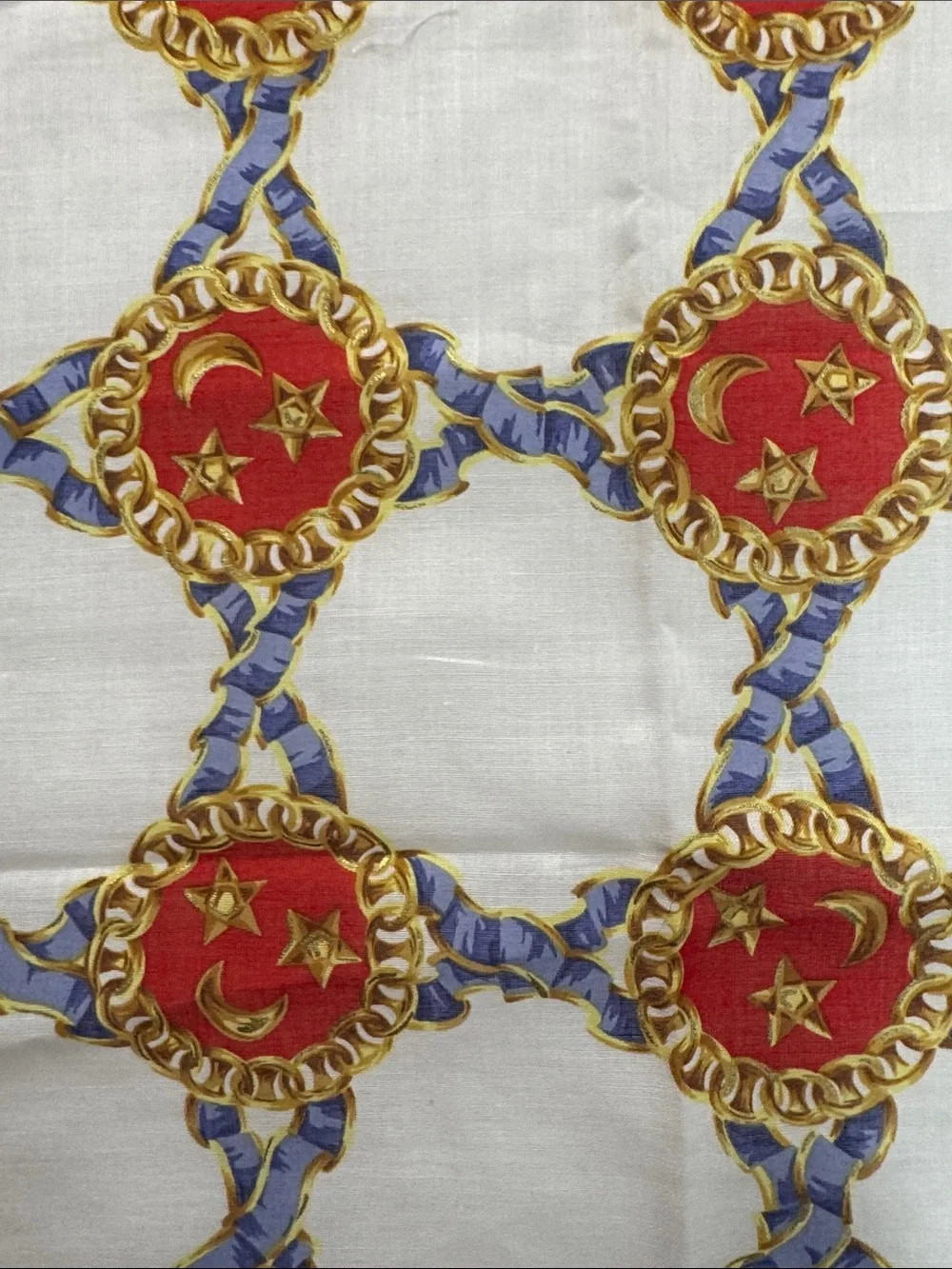 CELINE White Scarf Throw with Red, Blue & Gold Medallions